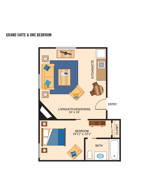 Assisted living one bedroom floor plan for The Legacy at Grand 'Vie.