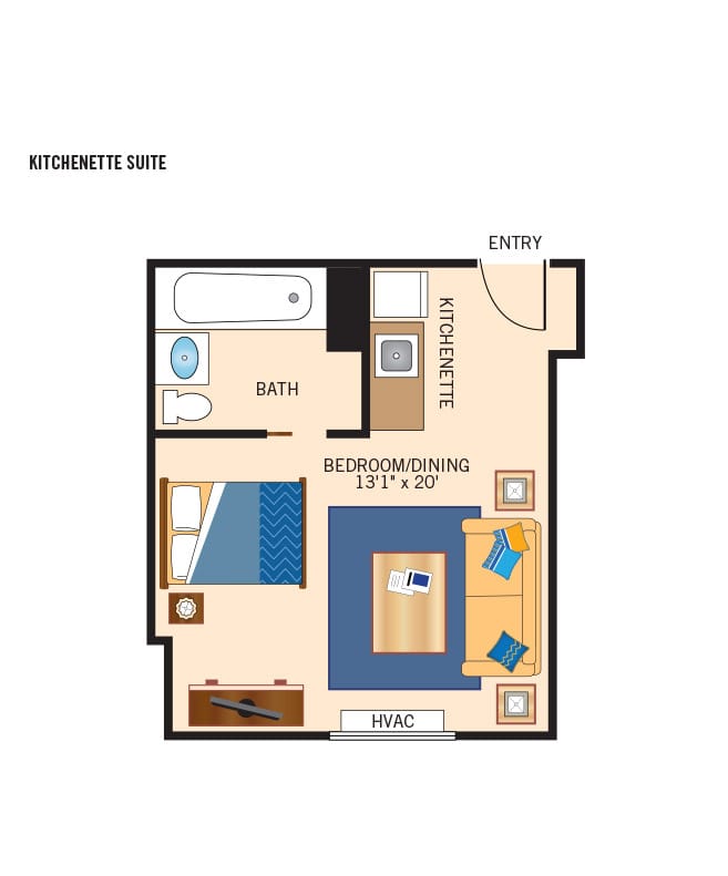 Assisted living floor plan with kitchenette for The Legacy at Grand 'Vie.