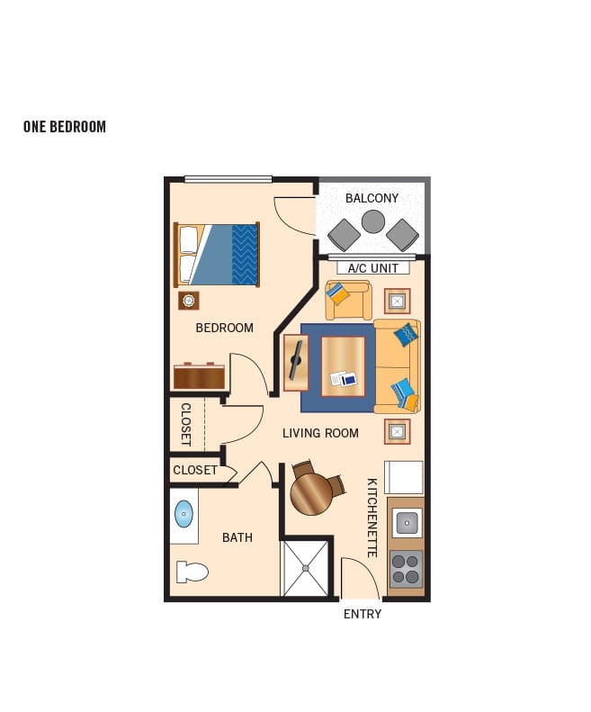 Independent living one bedroom floor plan for The Legacy at Grand 'Vie.