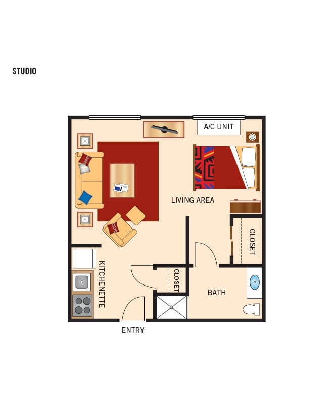 Independent living studio floor plan for The Legacy at Grand 'Vie.