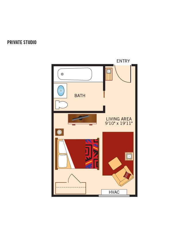 Memory care studio floor plan for The Legacy at Grand 'Vie.