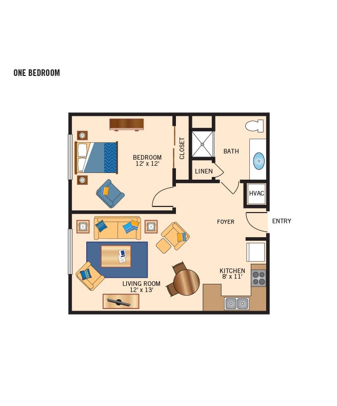 Independent living one bedroom floor plan for The Legacy at Park Crescent. 