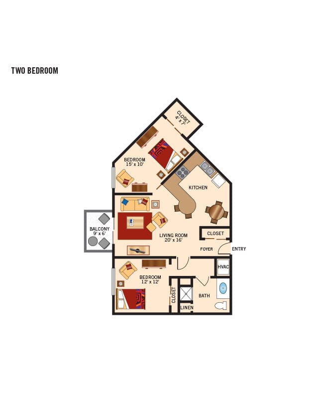 Independent living two bedroom floor plan for The Legacy at Park Crescent. 