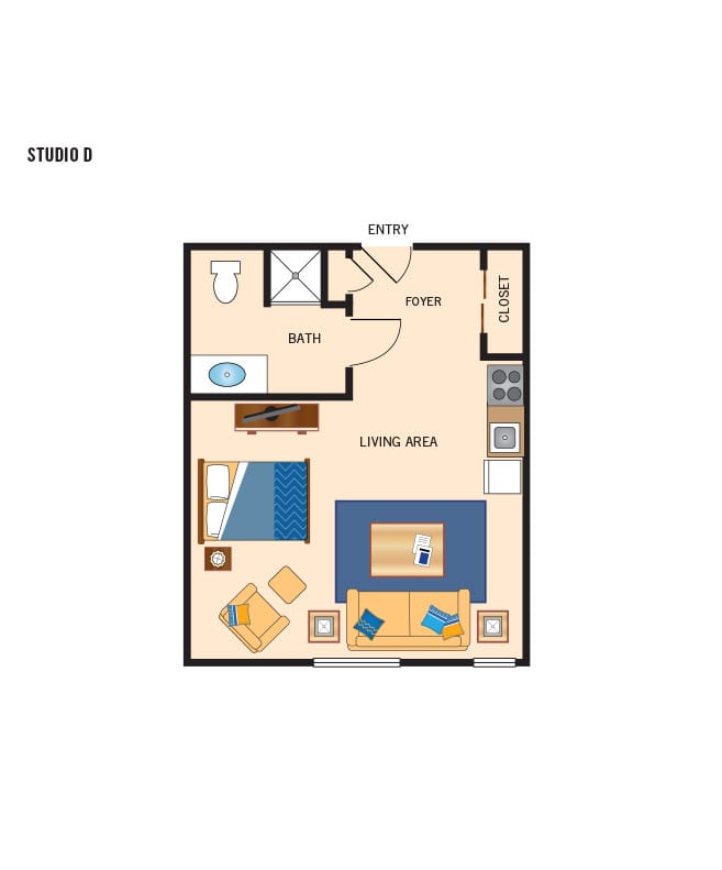 Independent living studio floor plan for The Legacy at Park Crescent. 