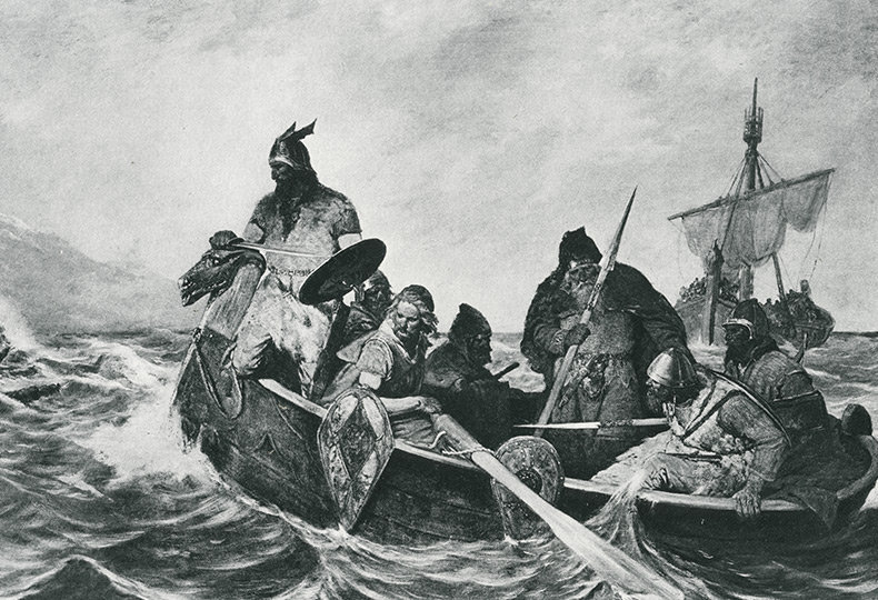 A black and white historic photo of people sailing in the ocean.