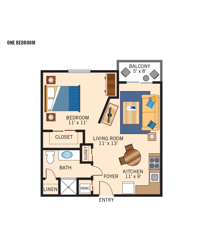 One bedroom apartment floor plan.