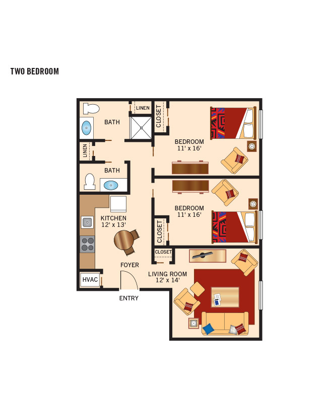 Two bedroom apartment floor plan.