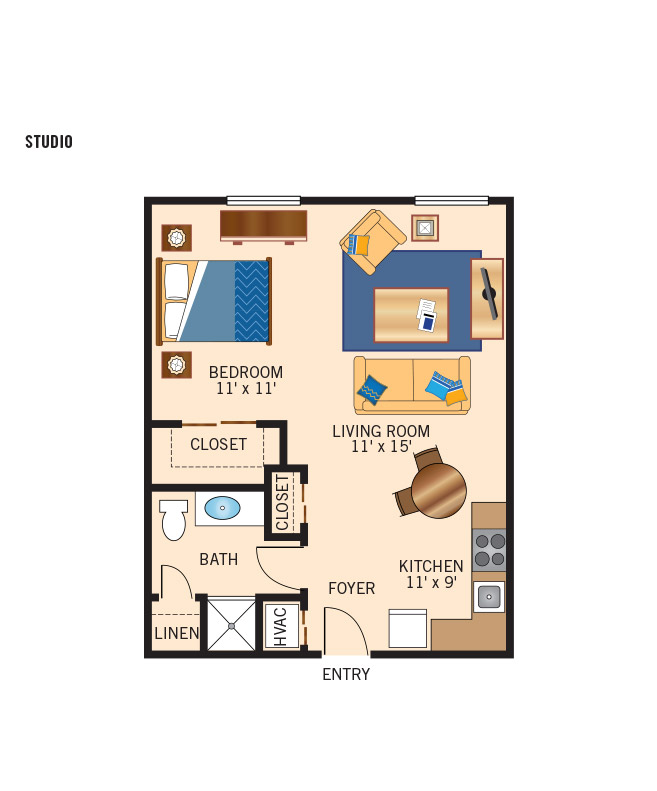 Studio bedroom apartment floor plan.