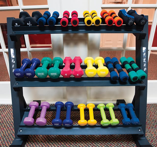 Assorted weights on shelves.