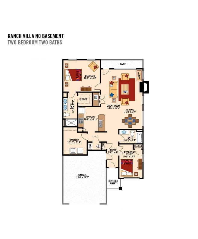 A two bedroom Villa floor plan for The Legacy at Fairways.