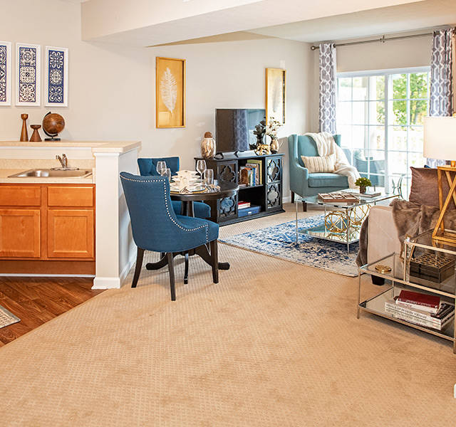 A combined living room kitchen area.