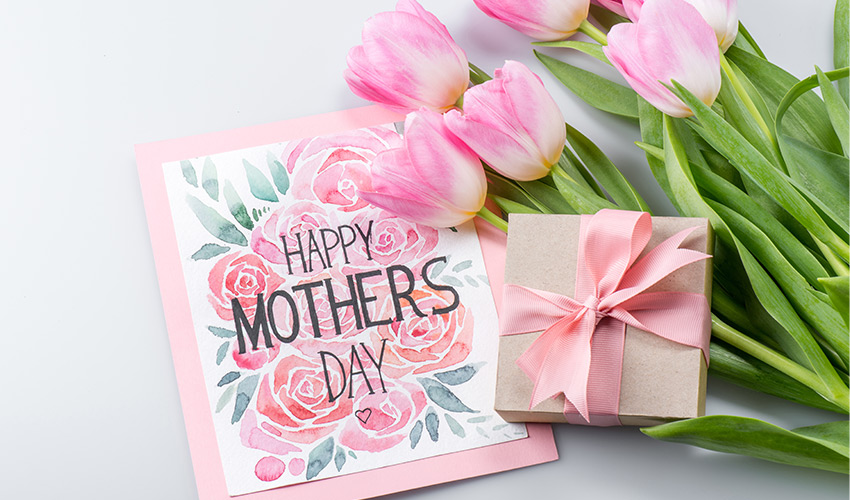 mother's day card with pink tulips and a small gift