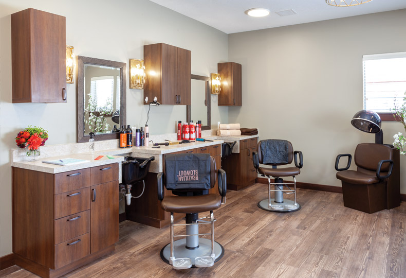 Hair stations at salon.
