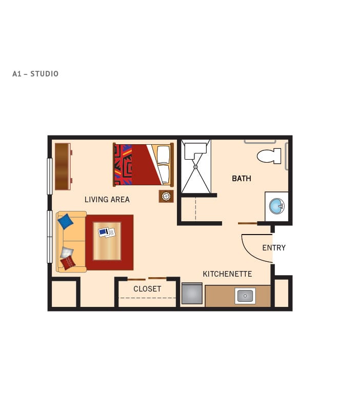 Studio apartment floor plan.