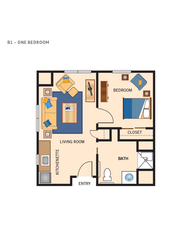 One bedroom apartment floor plan.
