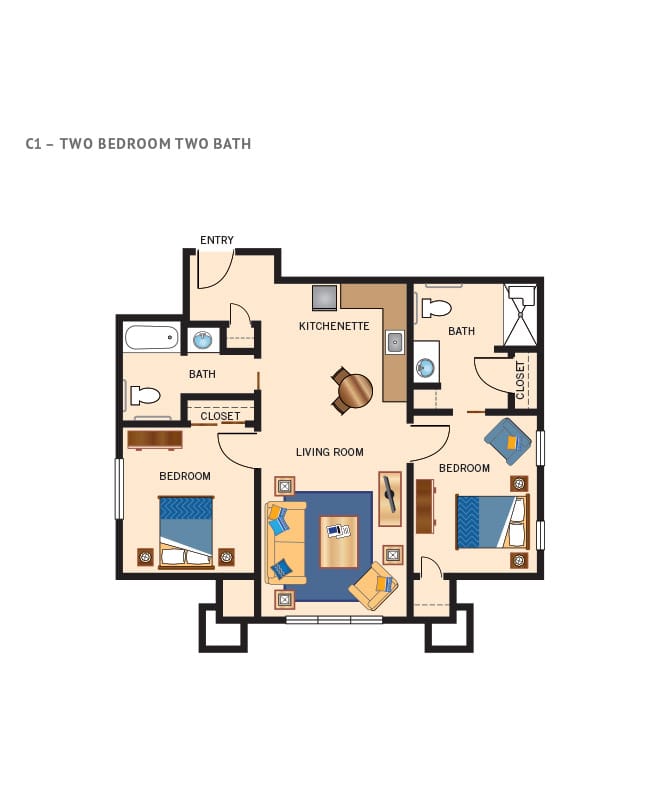 Two bedroom apartment floor plan.