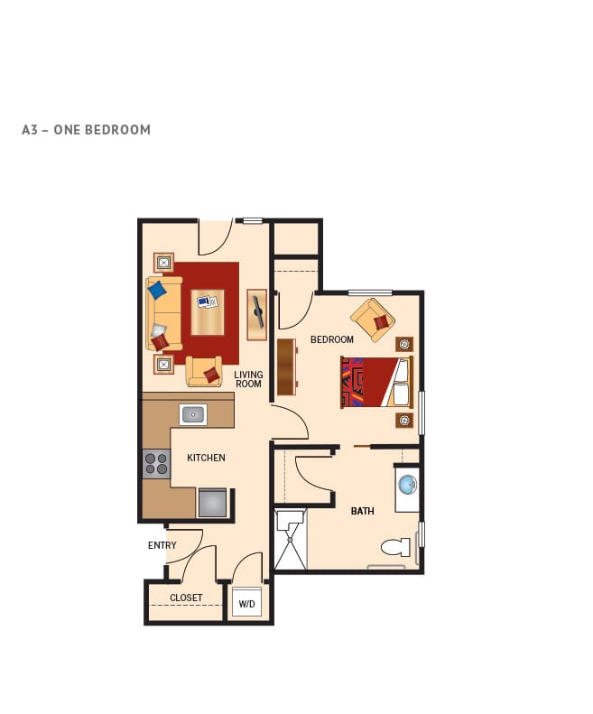 One bedroom apartment floor plan.