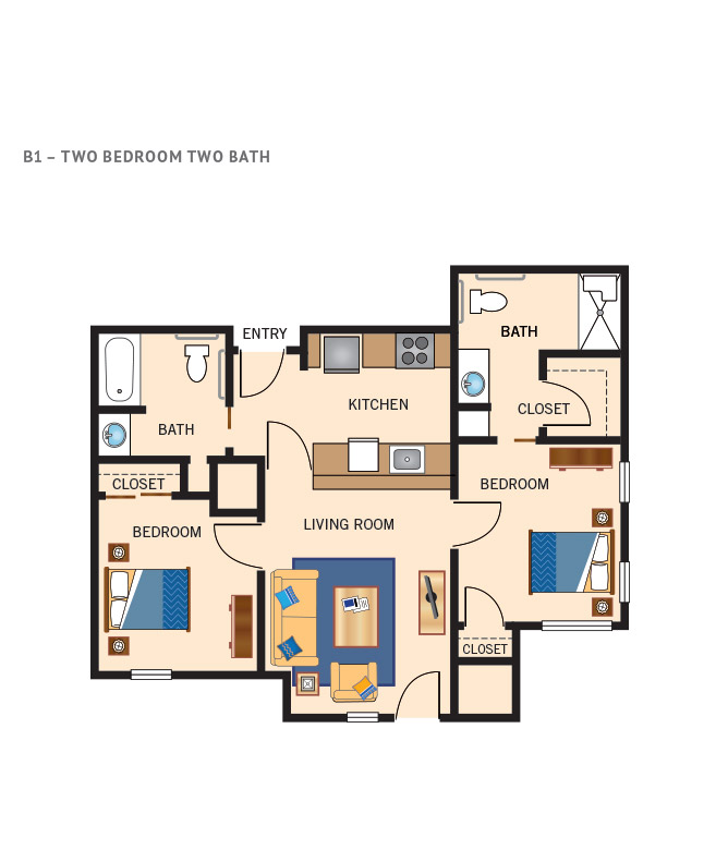 Two bedroom apartment floor plan.