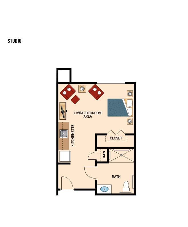 Assisted Living studio floor plan for The Watermark at Continental Ranch.