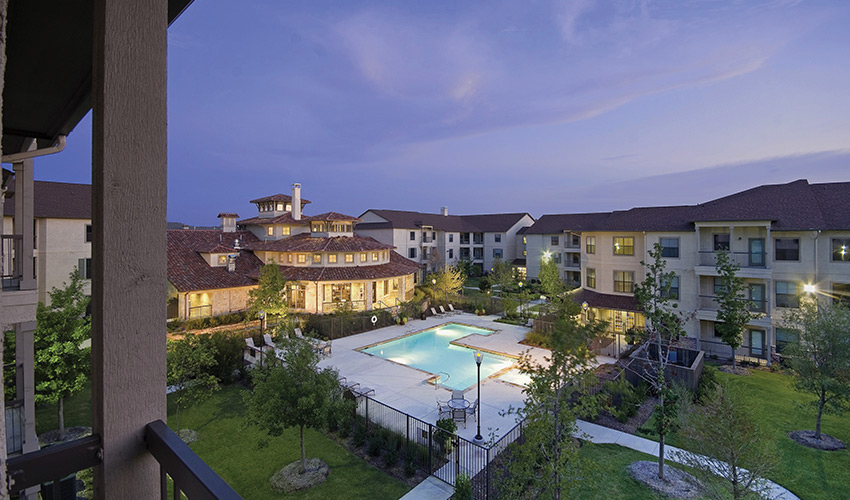 A view of the pool at dusk.