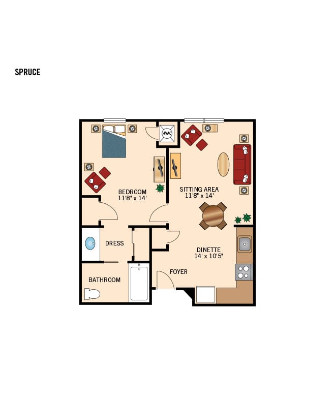 Pinebrook one bedroom apartment floor plan.