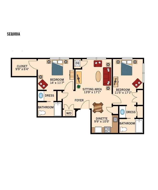 Pinebrook two bedrooms apartment floor plan.