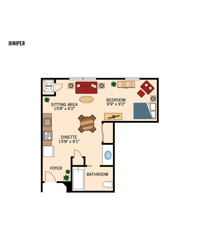 Pinebrook studio apartment floor plan.