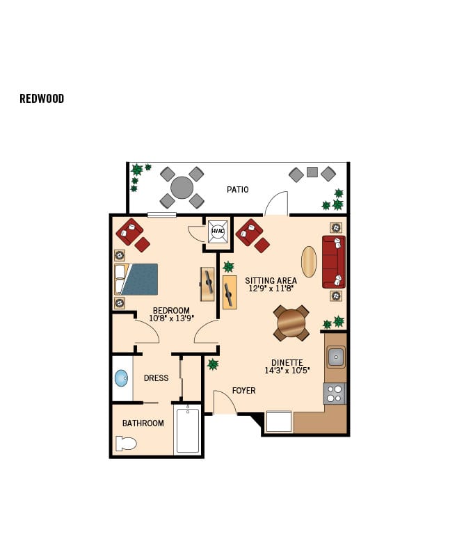 Pinebrook one bedroom apartment floor plan.
