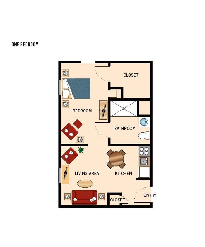One bedroom apartment floor plan.