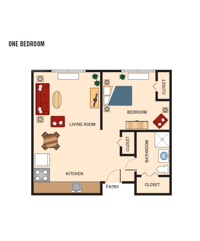 One bedroom apartment floor plan.