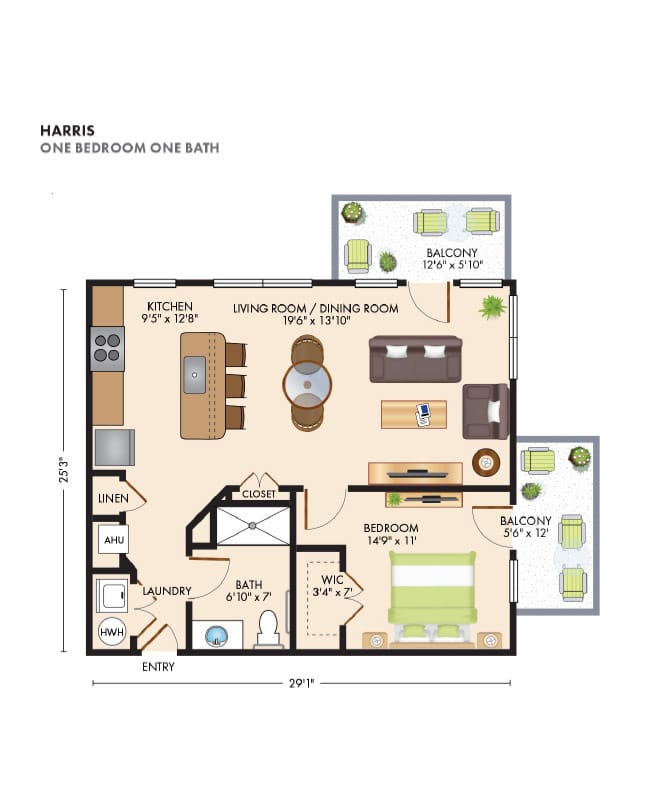 One bedroom floor plan at The Skybridge at Town Center.