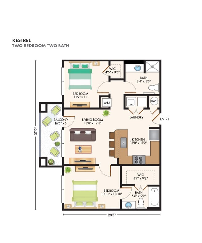 Two bedroom floor plan at The Skybridge at Town Center.