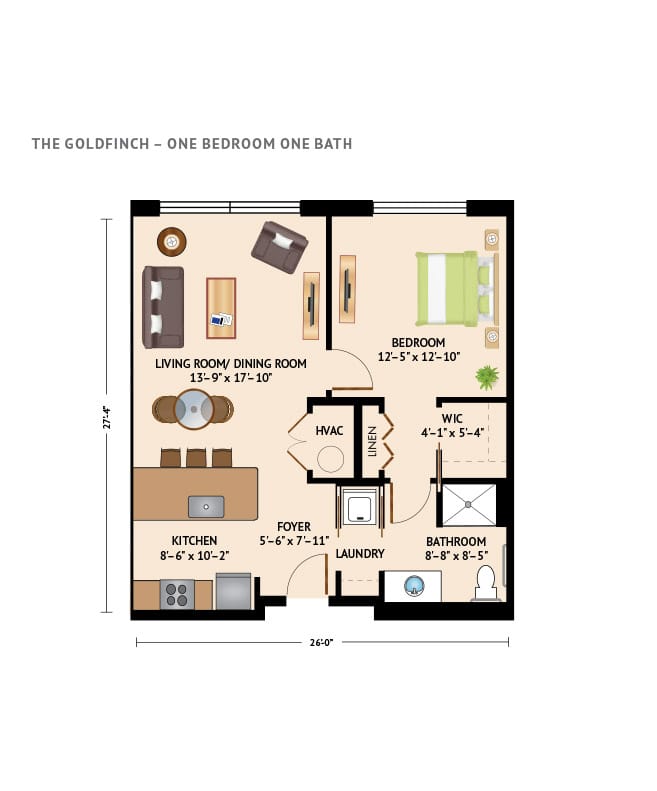 Independent Living one bedroom floor plan at The Skybridge at Town Center.