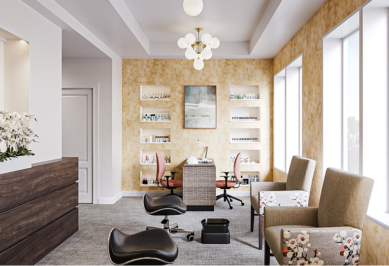A salon with stations for pedicures.