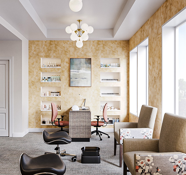 A salon and spa with stations for pedicures.