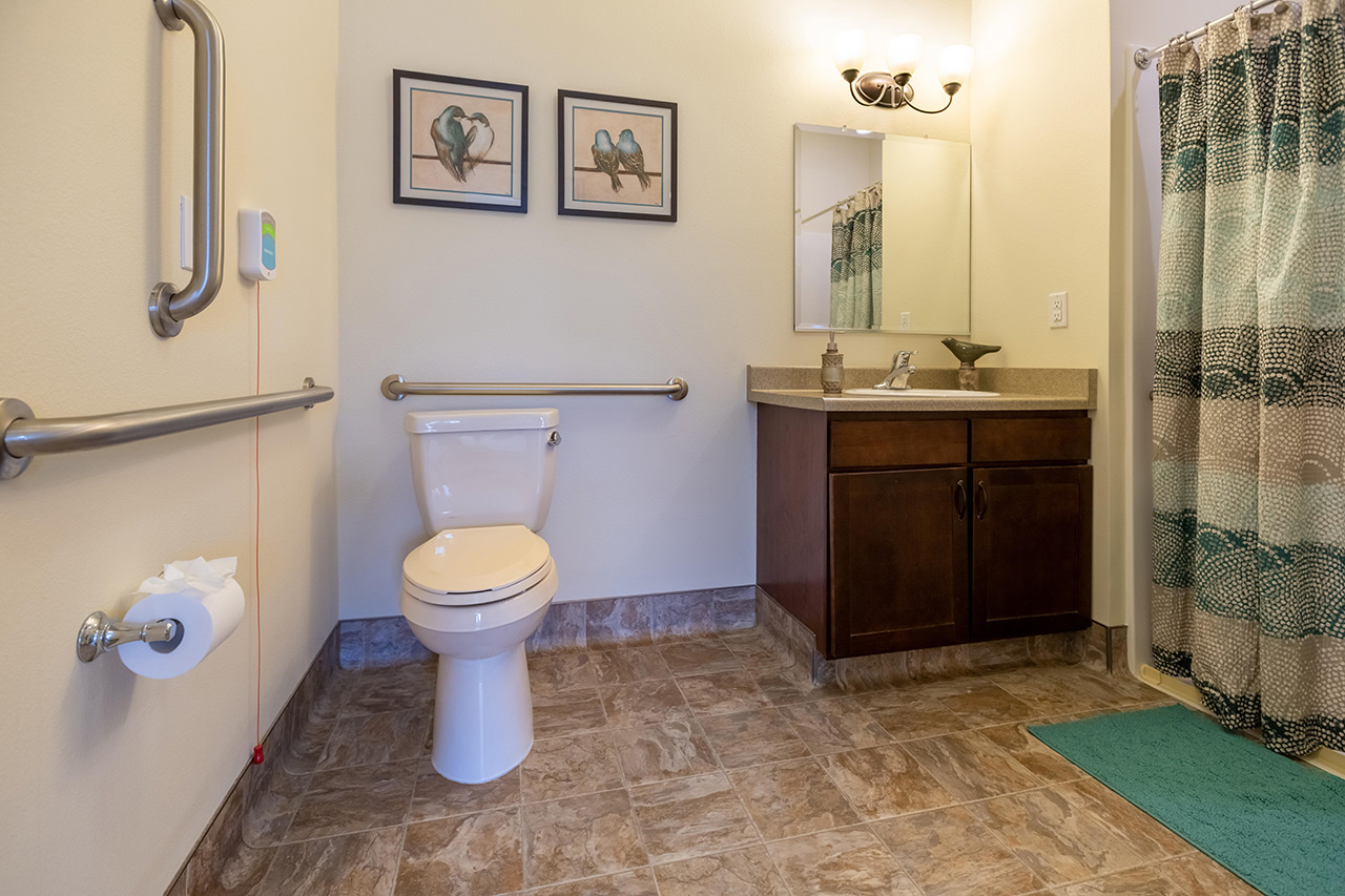 A bathroom in an apartment at Summit Senior Living.
