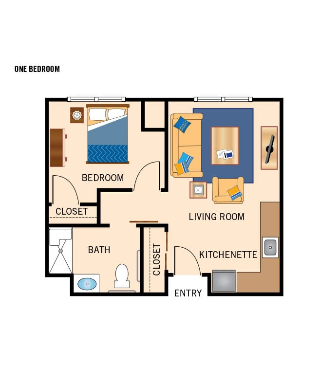Assisted living 1 bedroom floor plan for Summit Senior Living.
