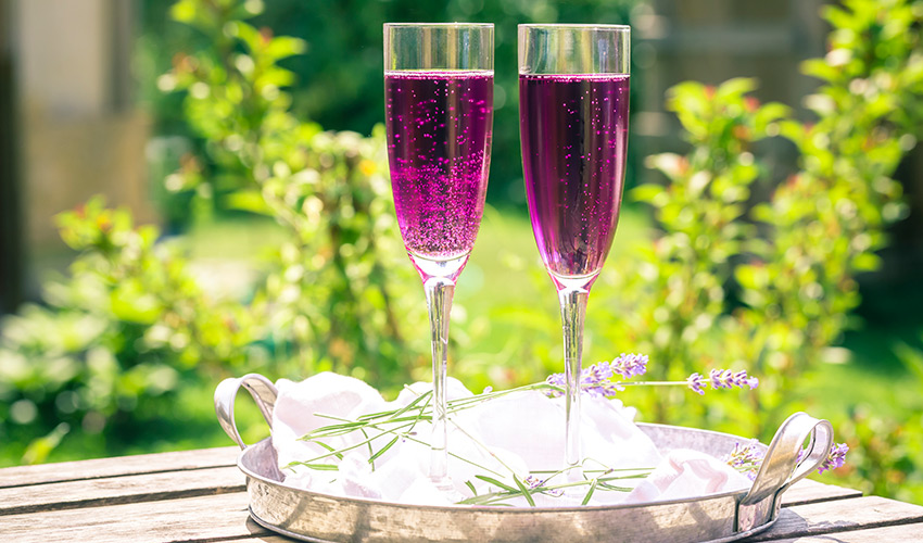 Two glasses filled with purple champagne on a serving tray.