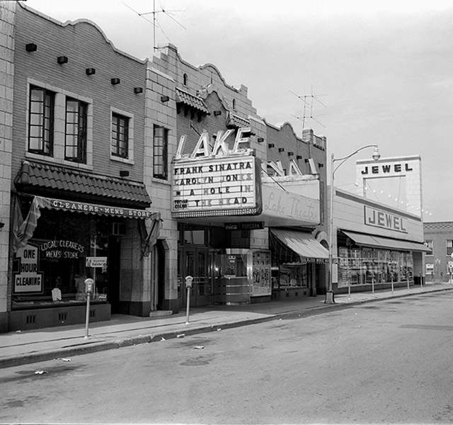A black and white photo of a building in Crystal Lake.