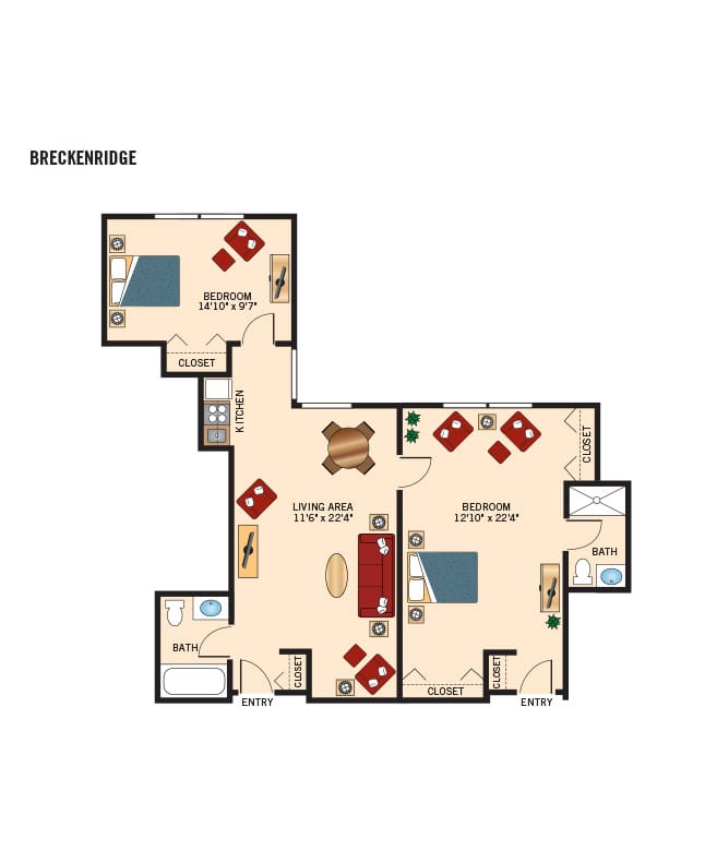 Assisted Living two bedroom floor plan for The Fountains at Crystal Lake.