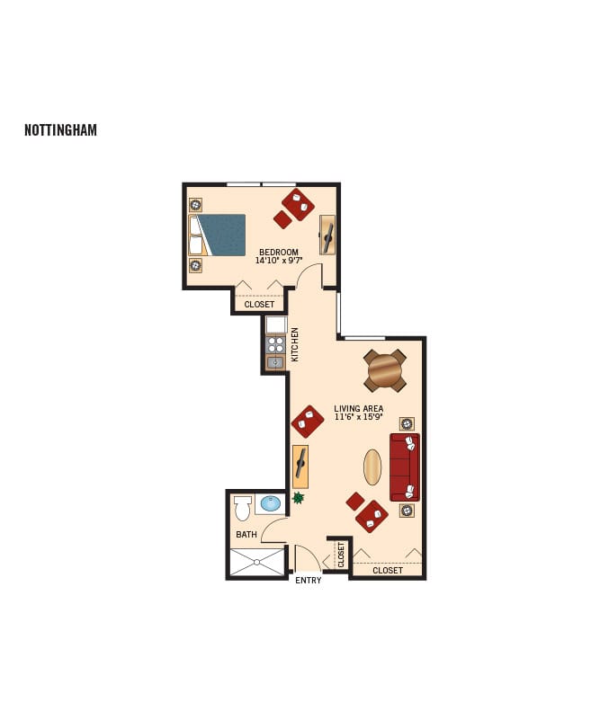 Independent Living one bedroom floor plan for The Fountains at Crystal Lake.