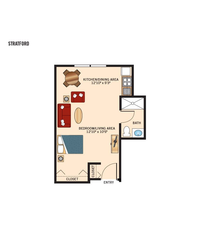 Independent Living studio floor plan for The Fountains at Crystal Lake.