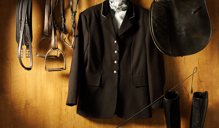 A variety of English riding apparel and equipment.