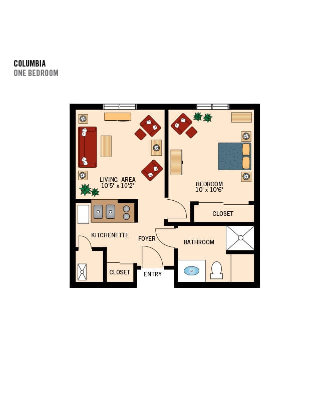 One bedroom apartment floor plan.