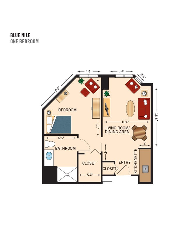 One bedroom apartment floor plan.