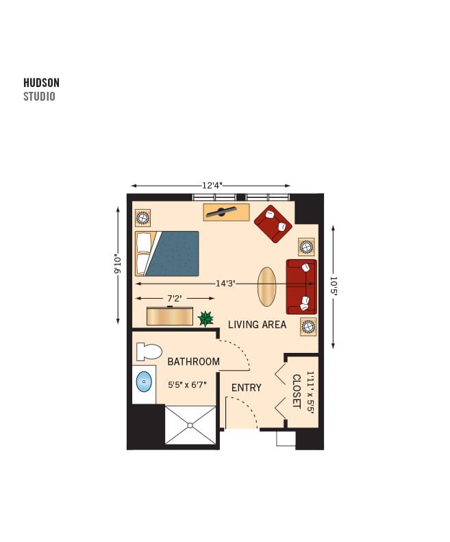 Studio bedroom apartment floor plan.