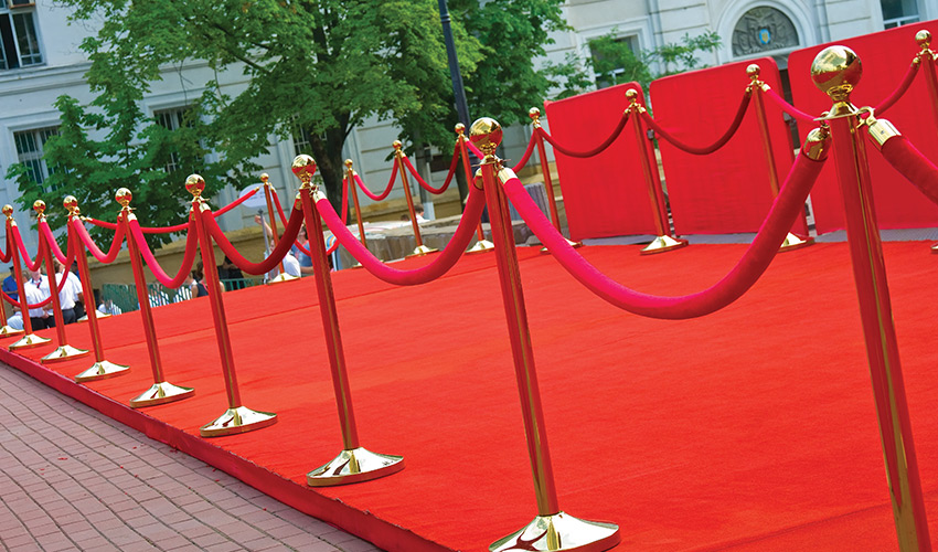 a red carpet with ropes outside