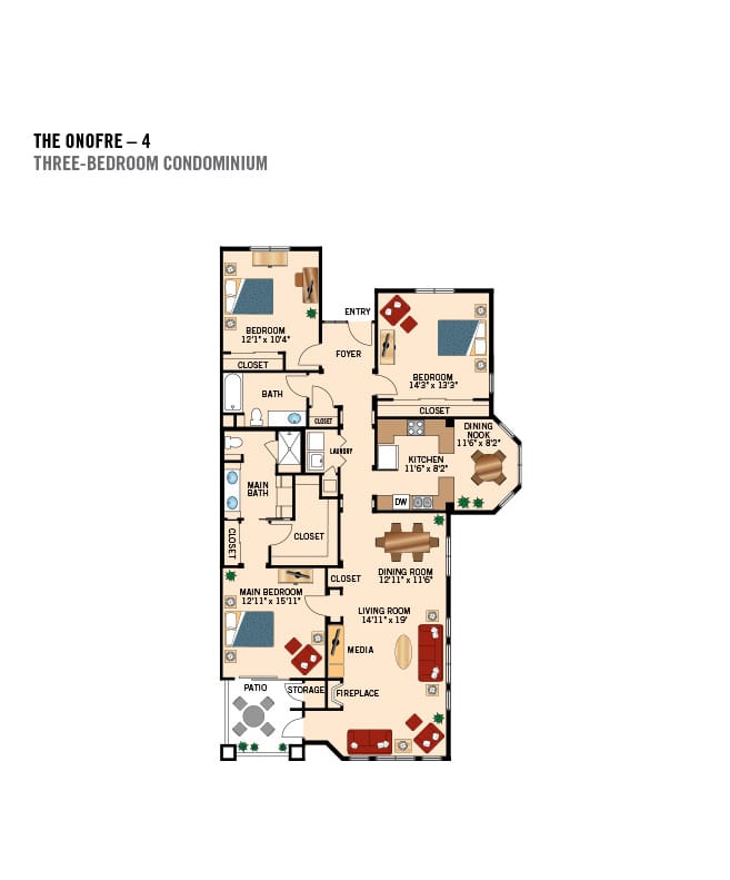 Three bedroom apartment floor plan.