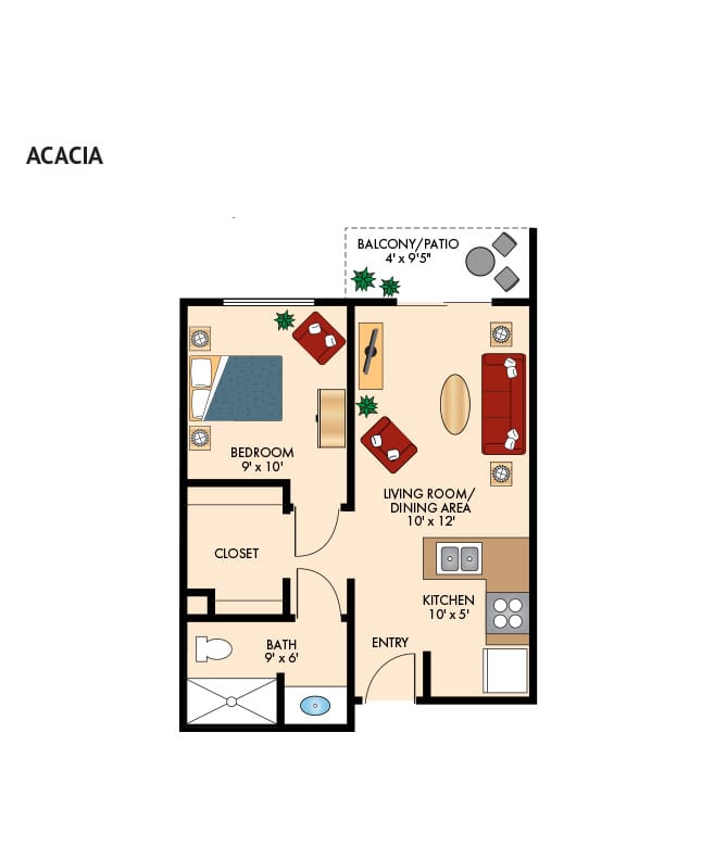 Independent Living one bedroom floor plan at The Fountains at La Cholla.