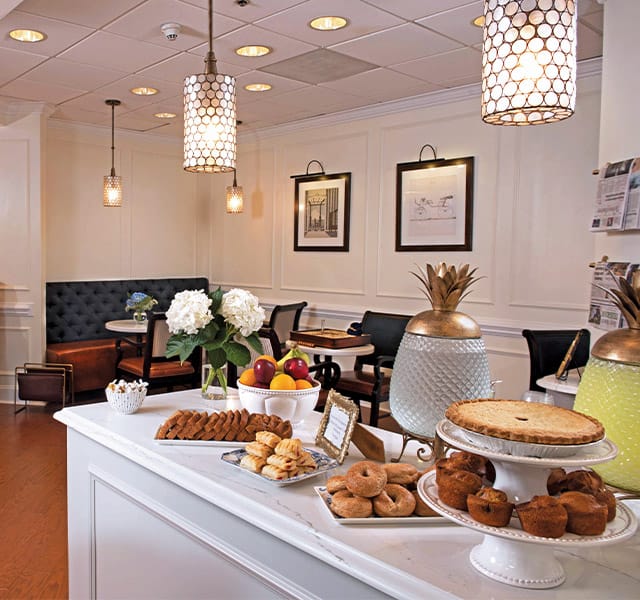 The Fountains at the Albemarle Dining - Coffee Bar Bistro An assortment of pastries set out daily for residents to grab and enjoy with a coffee/tea at the on-site coffee bar bistro.